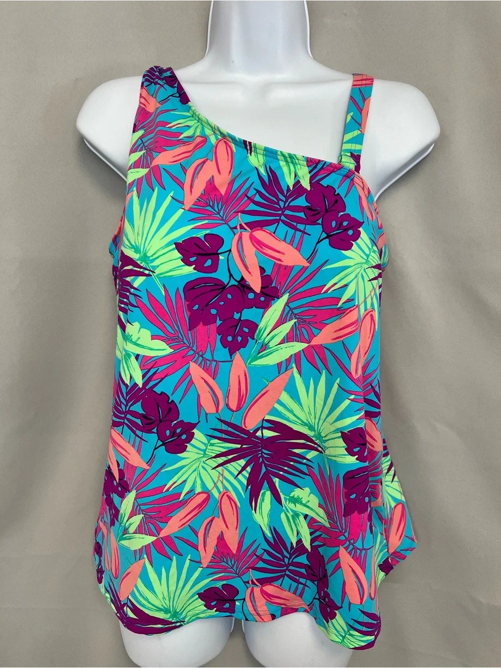 Lands' End Tropical One-Shoulder Camisole - Teal Multi